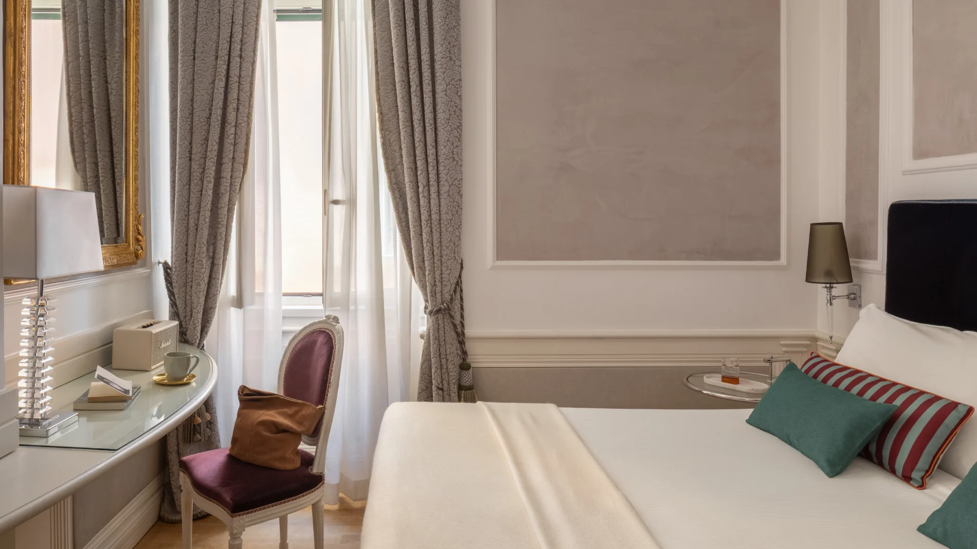 Elegant room with double bed, writing desk, gilded mirror and damask curtains in central Rome - The Hotel Britannia, BZAR hotels in Rome